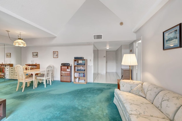 5910 Morningstar Cir Unit 401, Delray Beach, FL 33484 - living room with vaulted ceiling, carpet, visible vents, and baseboards