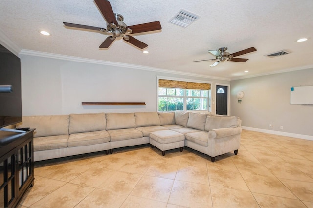 living room featuring light tile patterned flooring, visible vents, a ceiling fan, and recessed lighting
