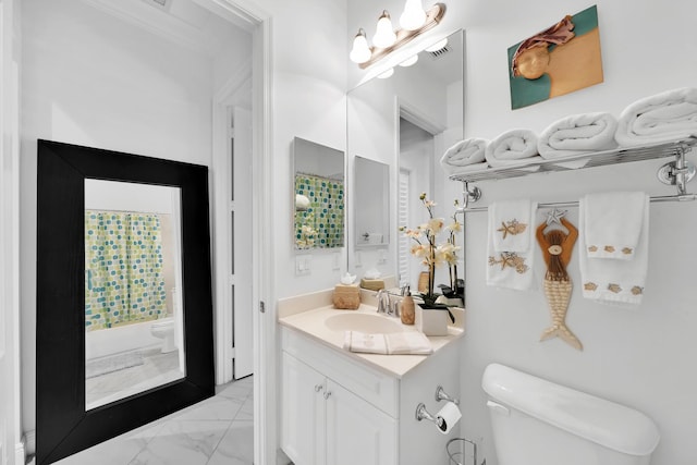 7816 Butera, Delray Beach, FL 33446 - bathroom featuring toilet, vanity, marble finish flooring, and curtained shower
