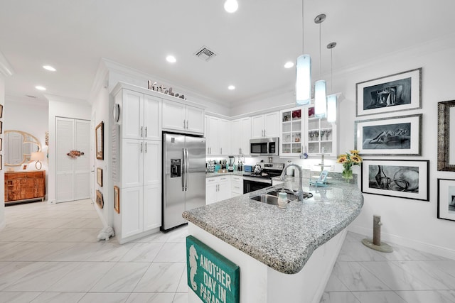 7816 Butera, Delray Beach, FL 33446 - kitchen with appliances with stainless steel finishes, a sink, a peninsula, crown molding, and glass insert cabinets