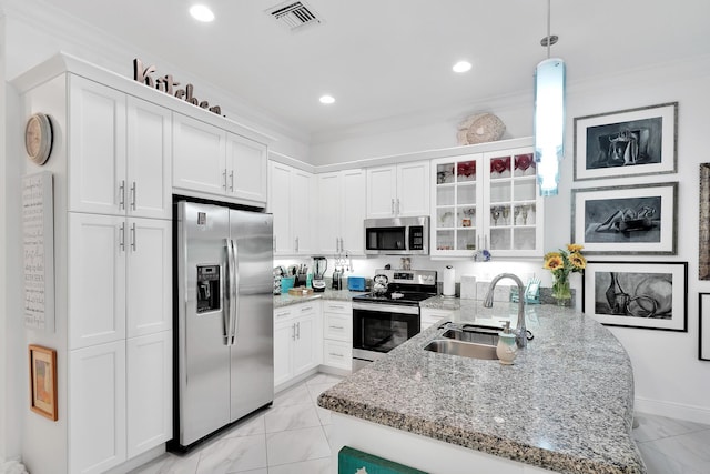 7816 Butera, Delray Beach, FL 33446 - kitchen featuring stainless steel appliances, a sink, light marble finish floors, a peninsula, and white cabinetry