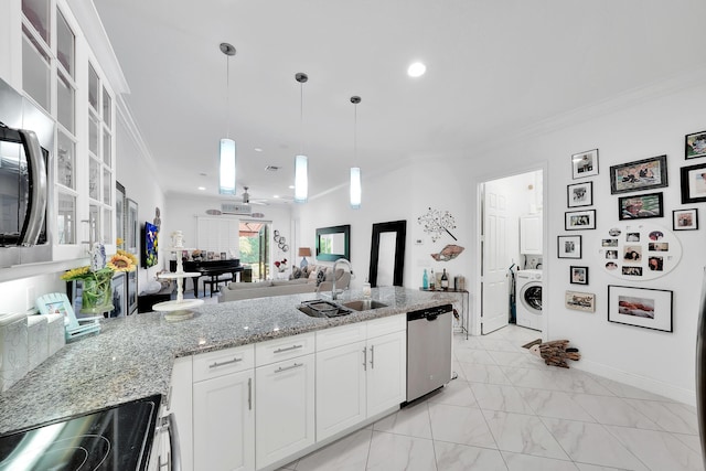 7816 Butera, Delray Beach, FL 33446 - kitchen with dishwasher, a sink, washer / dryer, ornamental molding, and black range with electric stovetop