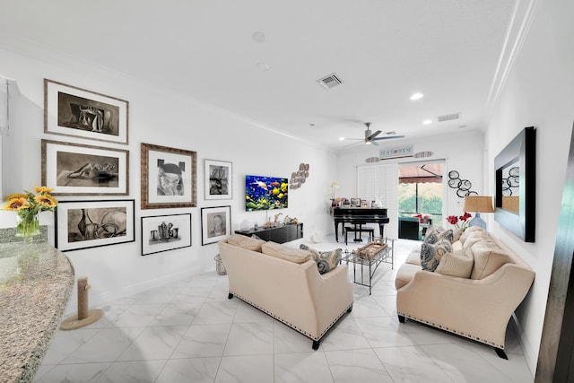 7816 Butera, Delray Beach, FL 33446 - living room featuring crown molding, a ceiling fan, light marble finish flooring, recessed lighting, and baseboards