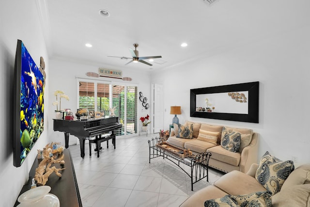 7816 Butera, Delray Beach, FL 33446 - living area with ornamental molding, a ceiling fan, and recessed lighting
