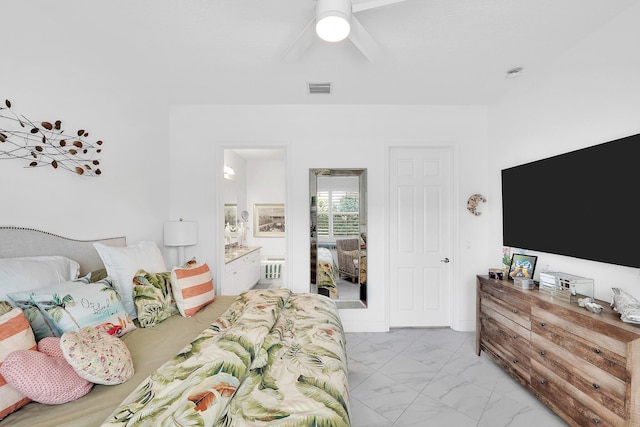 7816 Butera, Delray Beach, FL 33446 - bedroom with light marble finish flooring, connected bathroom, and ceiling fan