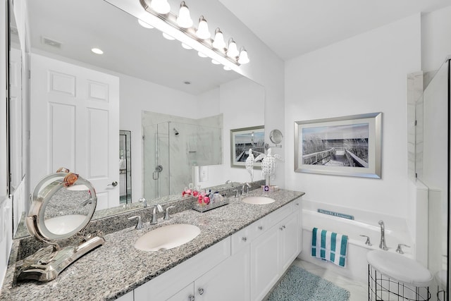 7816 Butera, Delray Beach, FL 33446 - bathroom featuring double vanity, a shower stall, a bath, and tile patterned floors