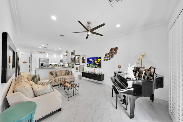7816 Butera, Delray Beach, FL 33446 - living room with a ceiling fan, recessed lighting, crown molding, and light marble finish floors
