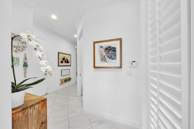 7816 Butera, Delray Beach, FL 33446 - hallway with light marble finish flooring, baseboards, and recessed lighting
