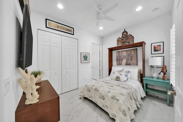 7816 Butera, Delray Beach, FL 33446 - bedroom featuring a closet, light marble finish flooring, recessed lighting, and ceiling fan