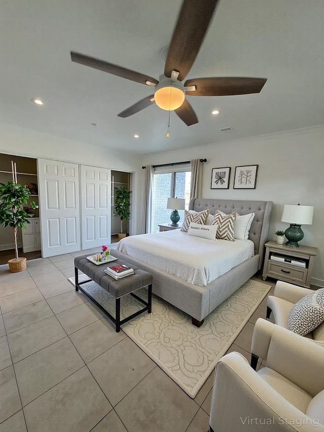 574 Monaco L, Delray Beach, FL 33446 - tiled bedroom featuring recessed lighting, a ceiling fan, and a closet