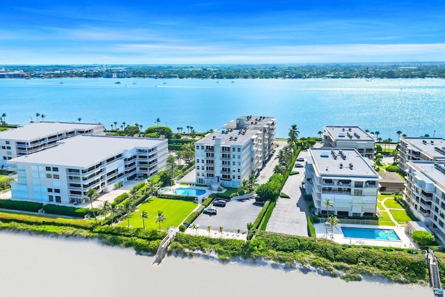 drone / aerial view with a water view