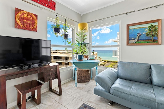 interior space featuring a healthy amount of sunlight, crown molding, and a water view