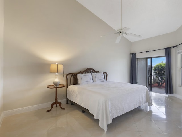 bedroom featuring ceiling fan, baseboards, light tile patterned floors, and access to exterior