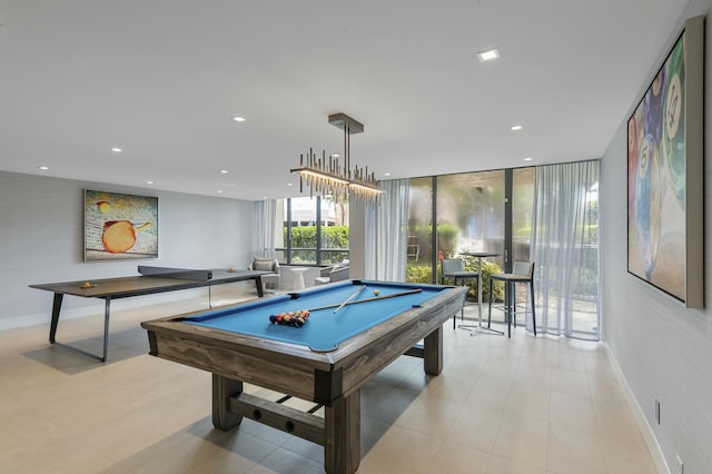 playroom featuring expansive windows, baseboards, pool table, and recessed lighting