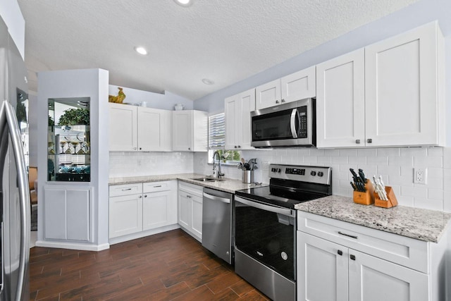 252 Legendary Cir, Palm Beach Gardens, FL 33418 - kitchen featuring a textured ceiling, a sink, stainless steel appliances, lofted ceiling, and dark wood-type flooring