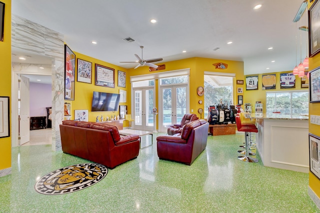 living area with ceiling fan, french doors, visible vents, and recessed lighting