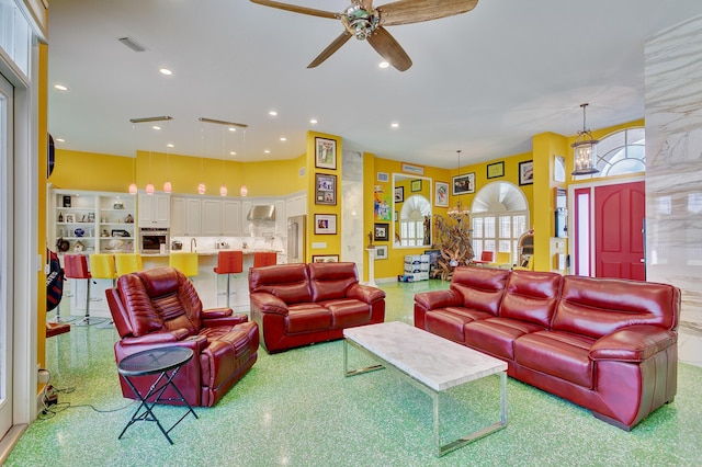 living room featuring visible vents, recessed lighting, and ceiling fan