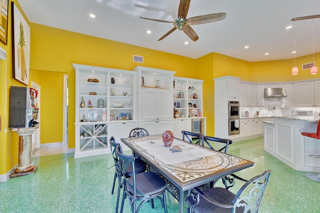 dining area with baseboards, visible vents, recessed lighting, and ceiling fan