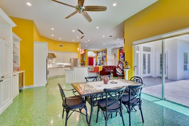 dining room featuring french doors, visible vents, recessed lighting, and a ceiling fan