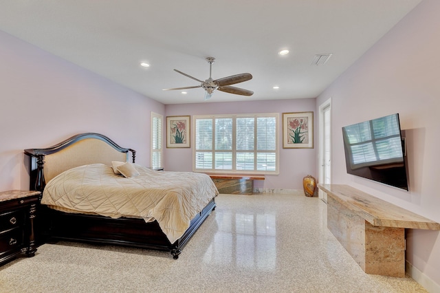 bedroom with baseboards, a ceiling fan, visible vents, and recessed lighting