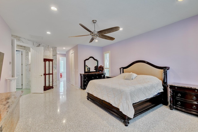 bedroom with a ceiling fan, baseboards, and recessed lighting