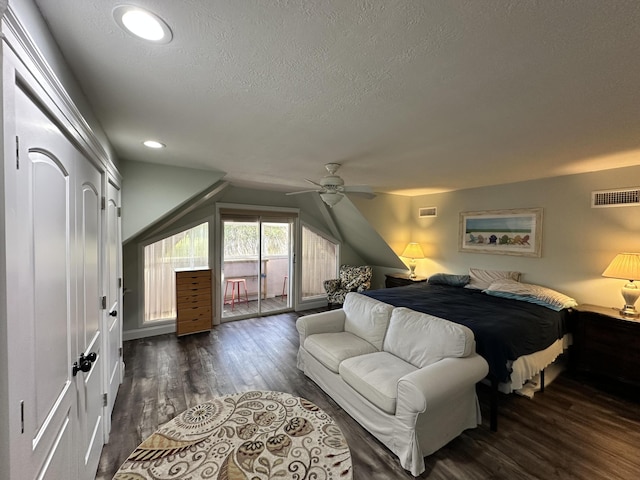 bedroom featuring a textured ceiling, access to exterior, recessed lighting, visible vents, and dark wood-style floors