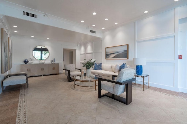 living room with recessed lighting, visible vents, ornamental molding, and light tile patterned floors