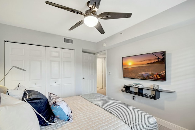 5749 Gemstone Ct Unit 404, Boynton Beach, FL 33437 - bedroom with baseboards, visible vents, a closet, and ceiling fan