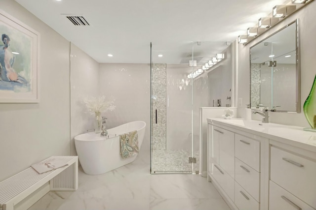 5749 Gemstone Ct Unit 404, Boynton Beach, FL 33437 - bathroom featuring a shower stall, vanity, marble finish floor, a soaking tub, and visible vents