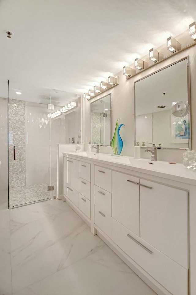 5749 Gemstone Ct Unit 404, Boynton Beach, FL 33437 - bathroom with marble finish floor, a sink, a shower stall, and double vanity