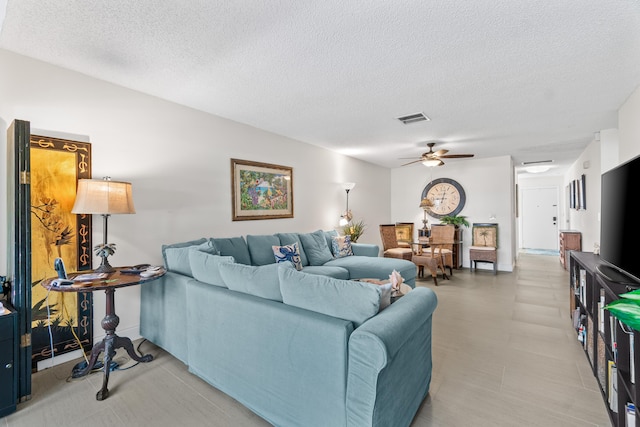 13756 Via Flora Unit A, Delray Beach, FL 33484 - living room with visible vents, a textured ceiling, and ceiling fan