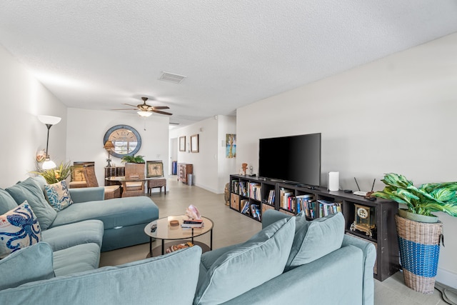 13756 Via Flora Unit A, Delray Beach, FL 33484 - living room with baseboards, visible vents, a textured ceiling, and ceiling fan