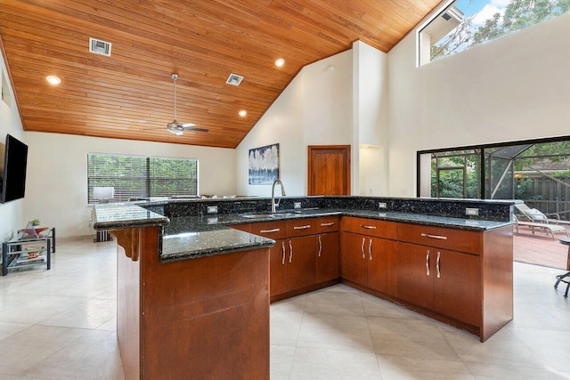 kitchen featuring a sink, high vaulted ceiling, dark stone countertops, wooden ceiling, and visible vents