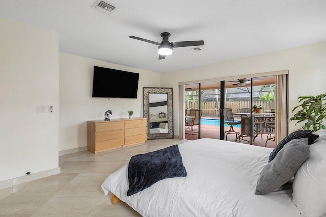 bedroom featuring visible vents, baseboards, ceiling fan, and access to outside