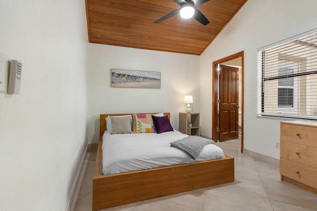bedroom featuring a ceiling fan, baseboards, light tile patterned floors, vaulted ceiling, and wood ceiling