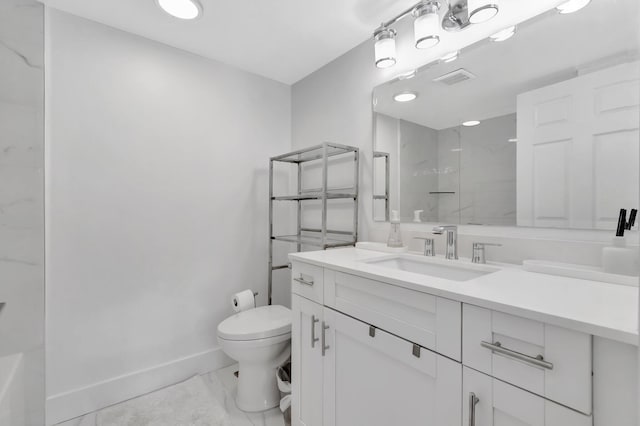 bathroom featuring vanity, marble finish floor, walk in shower, baseboards, and toilet