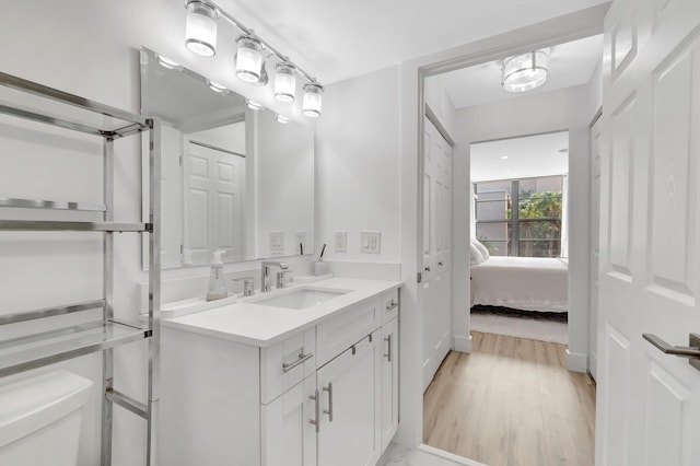 ensuite bathroom with wood finished floors, ensuite bath, toilet, and vanity