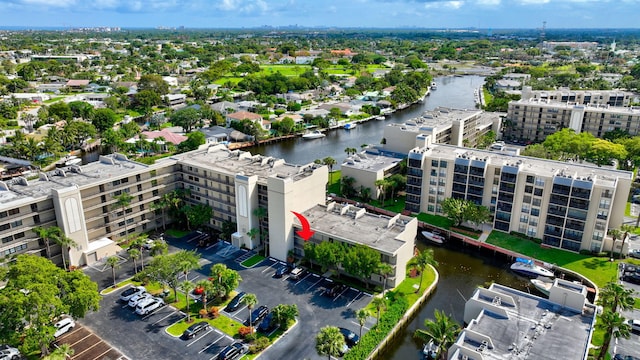 drone / aerial view with a water view