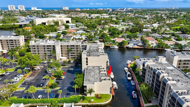 drone / aerial view featuring a water view