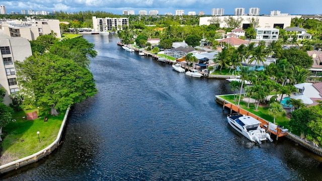 bird's eye view featuring a water view and a view of city