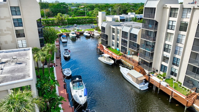 bird's eye view with a water view