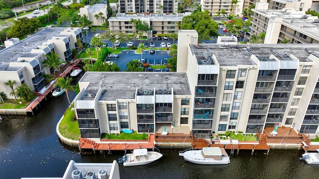 bird's eye view with a water view