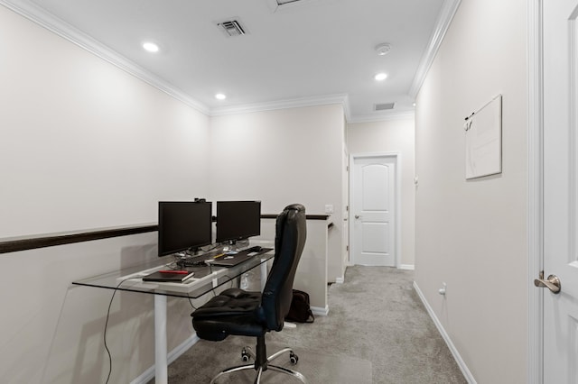 carpeted office space with ornamental molding, baseboards, and recessed lighting