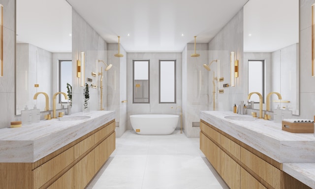 200 E Boca Raton Rd Unit D, Boca Raton, FL 33432 - bathroom with walk in shower, tile walls, and a sink