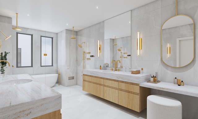 200 E Boca Raton Rd Unit D, Boca Raton, FL 33432 - bathroom with a sink, two vanities, tile walls, a freestanding tub, and a walk in shower