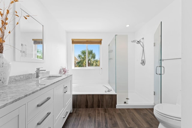 bathroom with wood finished floors, vanity, toilet, and a stall shower