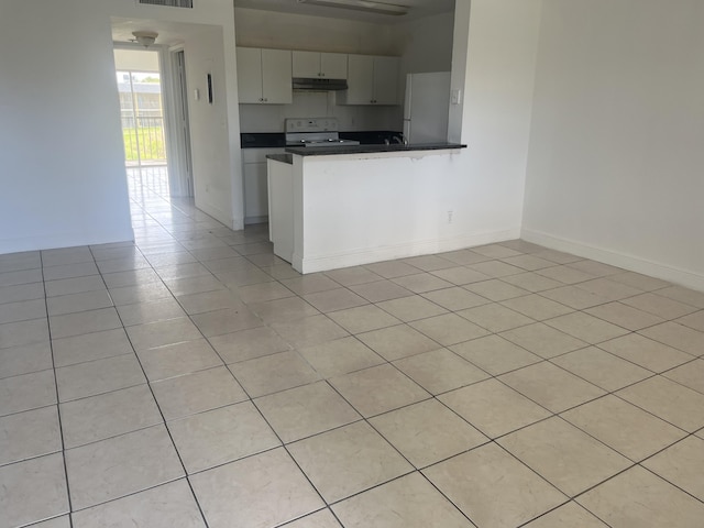 1626 Meadows Cir W Unit 1626, Boynton Beach, FL 33436 - kitchen featuring dark countertops, light tile patterned floors, a peninsula, electric stove, and under cabinet range hood