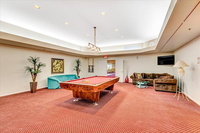 recreation room with baseboards, carpet flooring, recessed lighting, and pool table