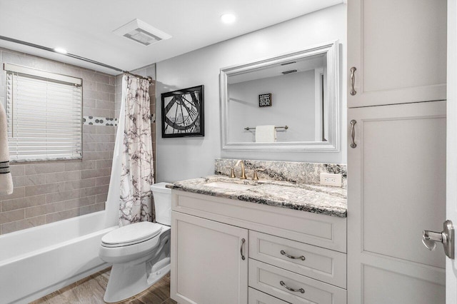 11217 Island Lakes Ln, Boca Raton, FL 33498 - bathroom featuring wood finished floors, toilet, vanity, and shower / bathtub combination with curtain