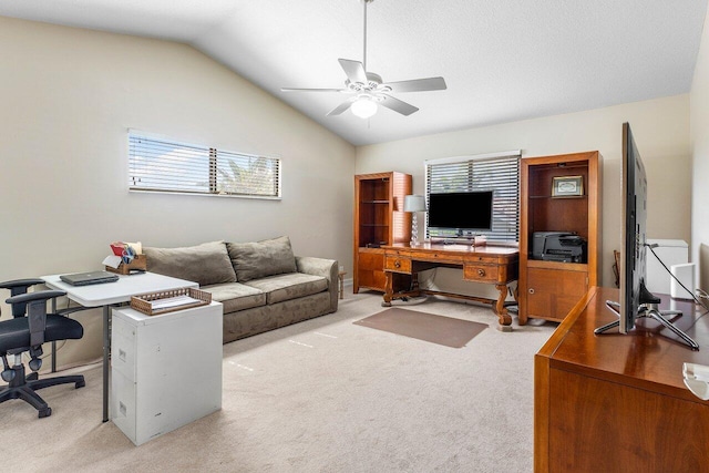11217 Island Lakes Ln, Boca Raton, FL 33498 - office with ceiling fan, carpet floors, and vaulted ceiling